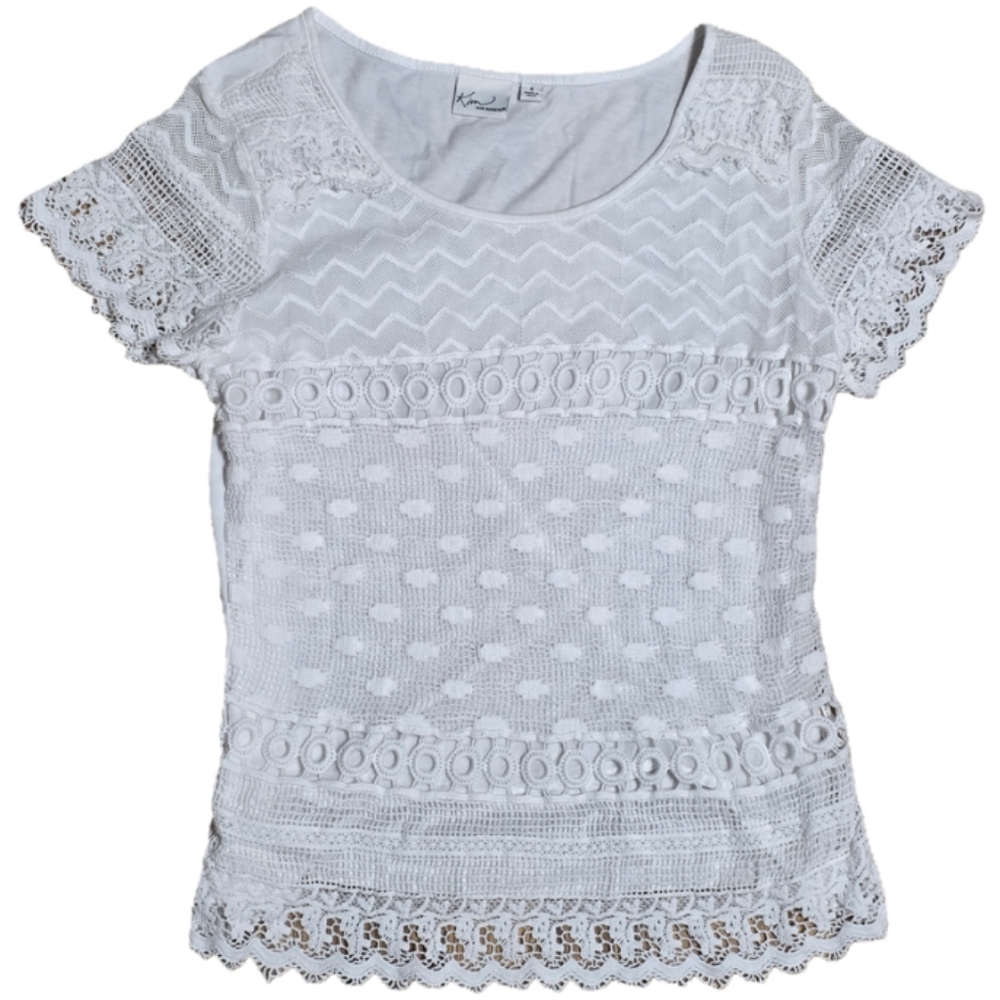 Kim‎ Rogers Women's White Lace Crochet Zigzag Short Sleeve Boat Neck Top Size S